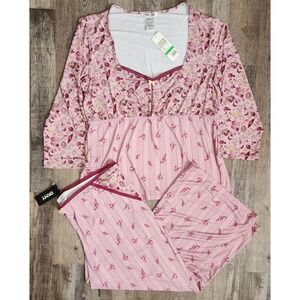 DKNY Pajama Set Women Large Pink Floral Striped 2 Piece Sleepwear Capri Pant NWT